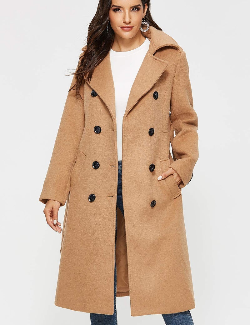 Escalier Womens Wool Coat Double Breasted Pea Coat Winter Long Trench Coat with Belt Camel S - Image 3